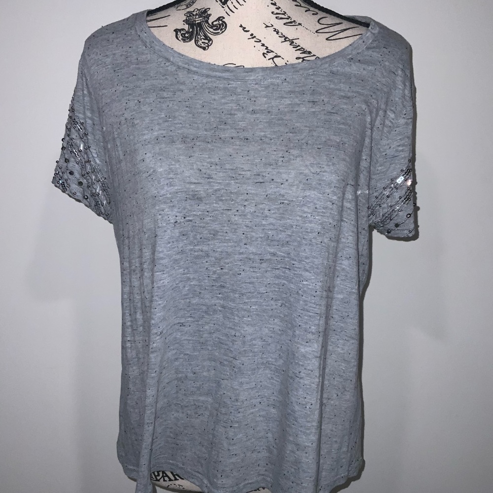BKE Boutique Sequined Detail Sleeve High Low Short Sleeve Tee